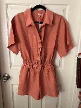 Le Rumi Lucy Shirt  Romper Peach Collared Button-front Short slvs Front pocket S